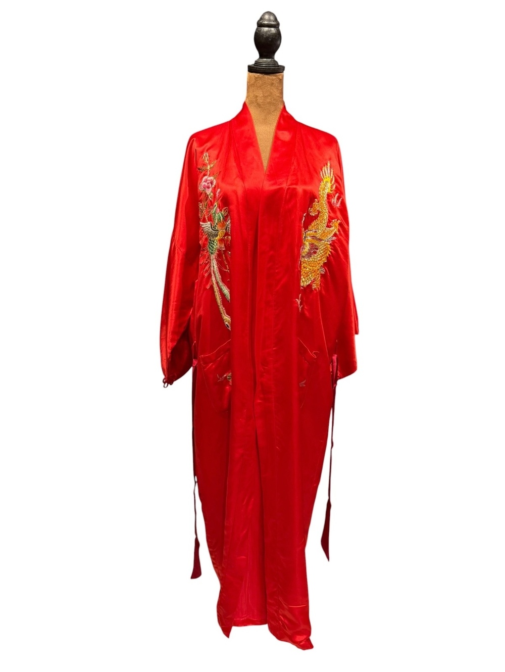 Vintage Phoenix Red 100% Silk Kimono with Embroidered Dragon